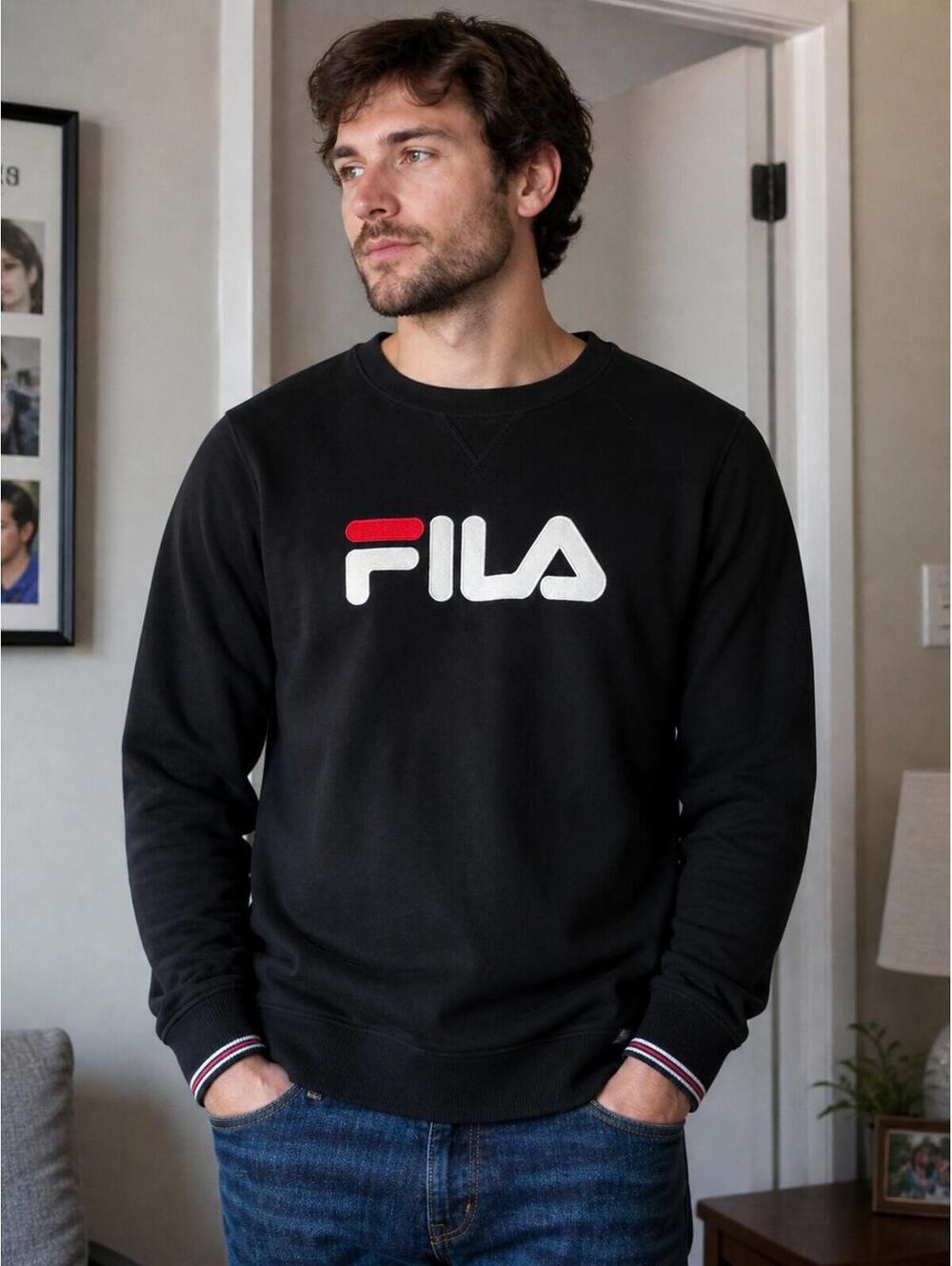 FILA Black Crewneck Sweatshirt XXL Men’s Logo Pullover Streetwear Athleisure‎